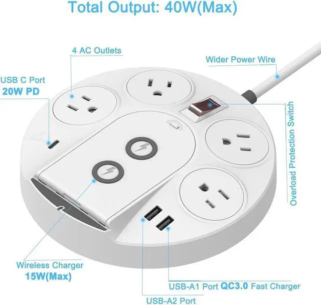 Alt view image 3 of 6 - QC3.0 Desktop Power Strip Surge Protector With 45W USB PD 20W Type C Port, 15W Phone Wireless Charger USB Ports 4 AC Outlets 5ft Extension Cord Surge Protector For iPhone 13/12/iPad Laptop Macbook Pro