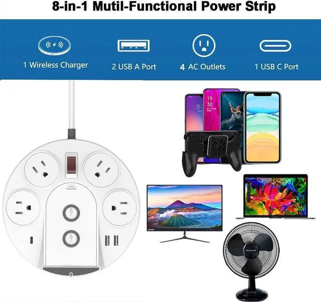 Alt view image 2 of 6 - QC3.0 Desktop Power Strip Surge Protector With 45W USB PD 20W Type C Port, 15W Phone Wireless Charger USB Ports 4 AC Outlets 5ft Extension Cord Surge Protector For iPhone 13/12/iPad Laptop Macbook Pro