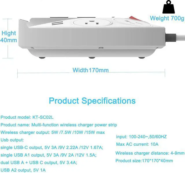 Alt view image 5 of 6 - QC3.0 Desktop Power Strip Surge Protector With 45W USB PD 20W Type C Port, 15W Phone Wireless Charger USB Ports 4 AC Outlets 5ft Extension Cord Surge Protector For iPhone 13/12/iPad Laptop Macbook Pro