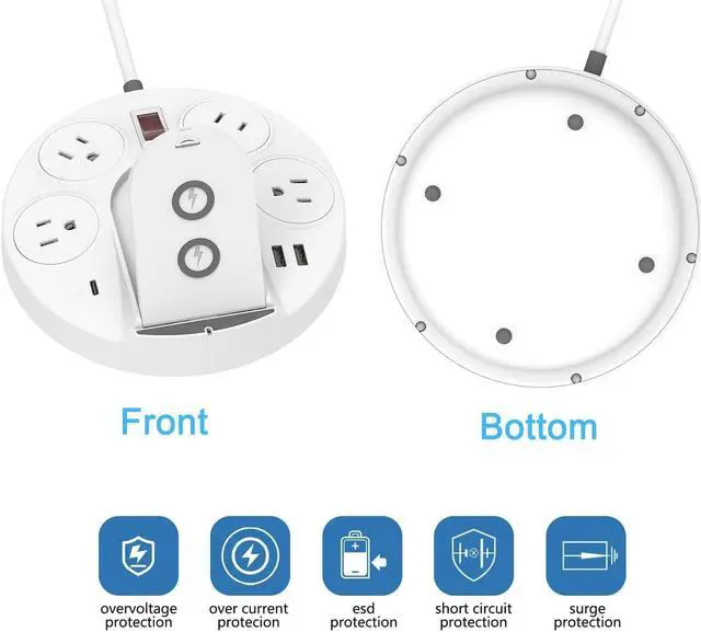 Alt view image 6 of 6 - QC3.0 Desktop Power Strip Surge Protector With 45W USB PD 20W Type C Port, 15W Phone Wireless Charger USB Ports 4 AC Outlets 5ft Extension Cord Surge Protector For iPhone 13/12/iPad Laptop Macbook Pro