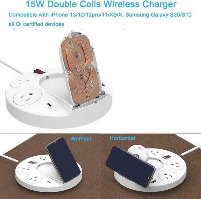 Alt view image 4 of 6 - QC3.0 Desktop Power Strip Surge Protector With 45W USB PD 20W Type C Port, 15W Phone Wireless Charger USB Ports 4 AC Outlets 5ft Extension Cord Surge Protector For iPhone 13/12/iPad Laptop Macbook Pro