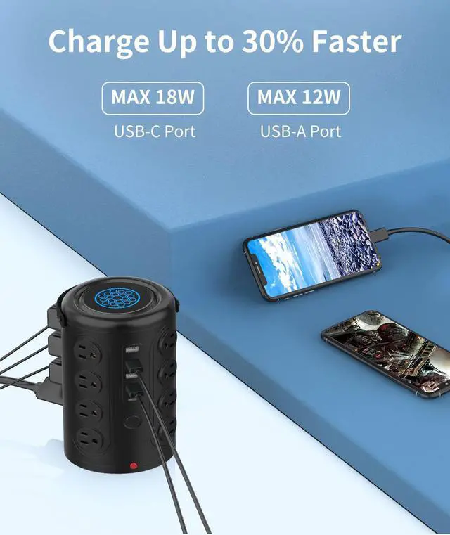 Alt view image 4 of 7 - Wireless Charging Power Strip Surge Protector,Power Strip Tower with 16 Widely Spaced AC Outlets,2300 Joules Surge Protector with 1 USB C & 4 USB A & 6.56FT Cord,Charging Station for Phone,Tablet