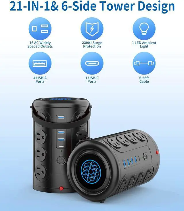 Alt view image 2 of 7 - Wireless Charging Power Strip Surge Protector,Power Strip Tower with 16 Widely Spaced AC Outlets,2300 Joules Surge Protector with 1 USB C & 4 USB A & 6.56FT Cord,Charging Station for Phone,Tablet