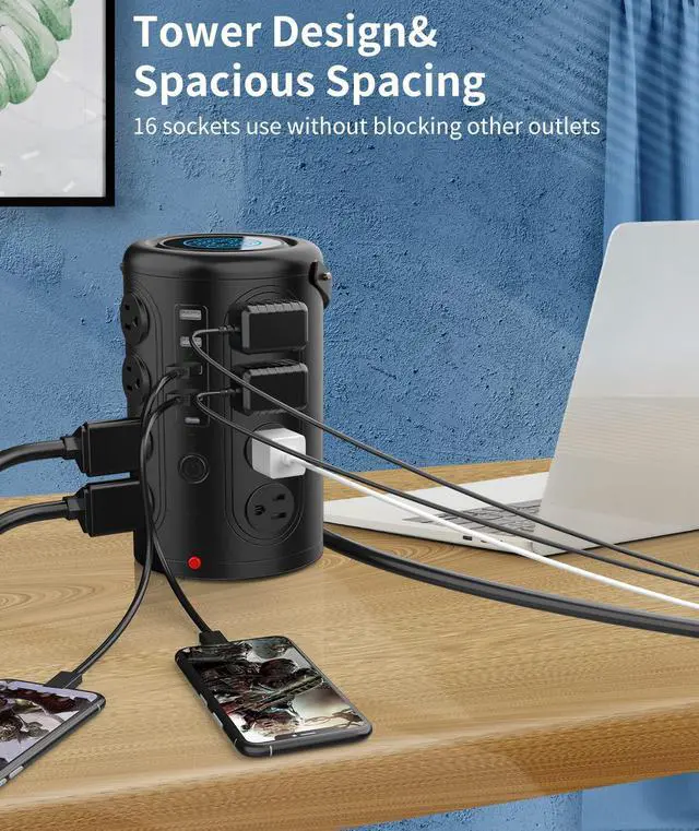 Alt view image 3 of 7 - Wireless Charging Power Strip Surge Protector,Power Strip Tower with 16 Widely Spaced AC Outlets,2300 Joules Surge Protector with 1 USB C & 4 USB A & 6.56FT Cord,Charging Station for Phone,Tablet