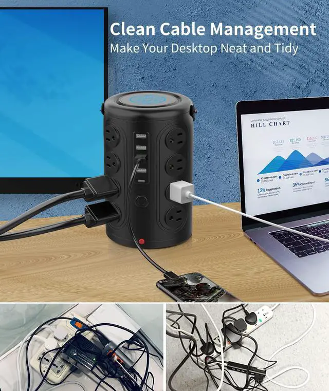 Alt view image 5 of 7 - Wireless Charging Power Strip Surge Protector,Power Strip Tower with 16 Widely Spaced AC Outlets,2300 Joules Surge Protector with 1 USB C & 4 USB A & 6.56FT Cord,Charging Station for Phone,Tablet