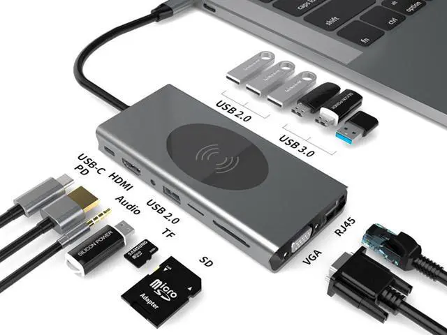 Alt view image 2 of 7 - USB C Docking Station for Laptop 10W Wireless charger ,15-in-1 Dock 4K Display Hub with HDMI, VGA, 3xUSB 3.0, 4xUSB 2.0,Audio,PD, Ethernet,Compatible with Thunderbolt 3/4 Laptop and Dell&HP&Lenovo&Mac