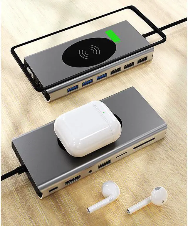 Alt view image 3 of 7 - USB C Docking Station for Laptop 10W Wireless charger ,15-in-1 Dock 4K Display Hub with HDMI, VGA, 3xUSB 3.0, 4xUSB 2.0,Audio,PD, Ethernet,Compatible with Thunderbolt 3/4 Laptop and Dell&HP&Lenovo&Mac