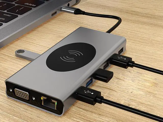 Alt view image 6 of 7 - USB C Docking Station for Laptop 10W Wireless charger ,15-in-1 Dock 4K Display Hub with HDMI, VGA, 3xUSB 3.0, 4xUSB 2.0,Audio,PD, Ethernet,Compatible with Thunderbolt 3/4 Laptop and Dell&HP&Lenovo&Mac