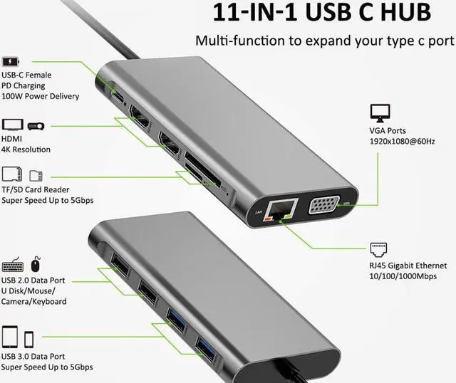 Alt view image 3 of 7 - Thunderbolt 3 USB-C 8K Docking Station Dual 4K Docking Station 100W Charging Triple Display Port 1xUSB-C, 2xUSB 2.0, 2xUSB 3.0, VGA,Ethernet, VGA, 2xDP to HDMI Adapter for Dell&HP&Lenovo&Mac&Windows