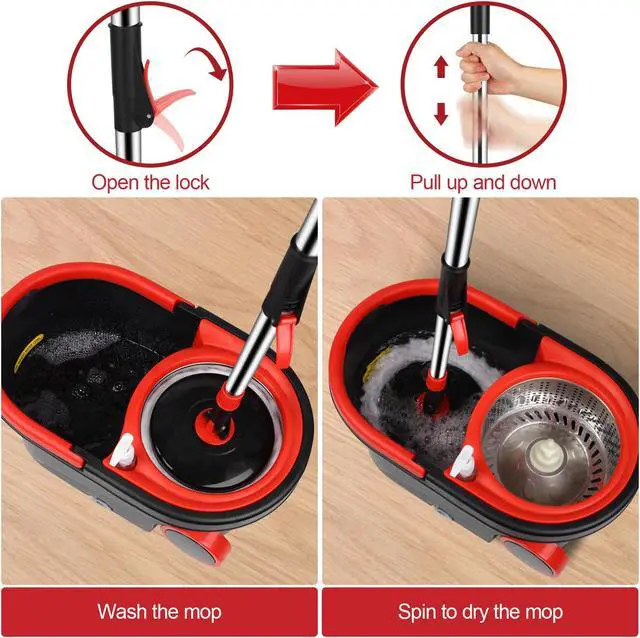 Alt view image 2 of 7 - Plus 61" Extended 360° Swivel Spin Mop and Bucket System with 3 Microfiber Mop Heads & Four Sections of Rod for Indoor & Outdoor, Portable Carrying Wheel Mop Floor Cleaning