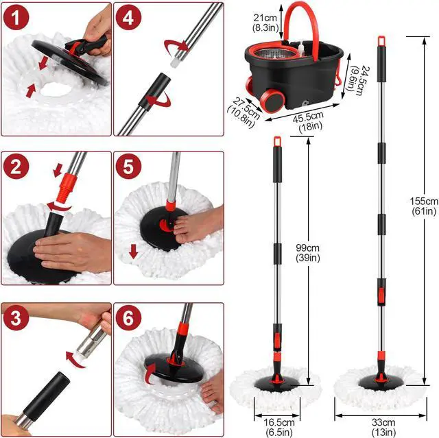 Alt view image 3 of 7 - Plus 61" Extended 360° Swivel Spin Mop and Bucket System with 3 Microfiber Mop Heads & Four Sections of Rod for Indoor & Outdoor, Portable Carrying Wheel Mop Floor Cleaning