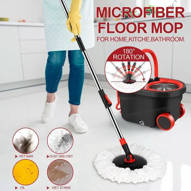 Alt view image 5 of 7 - Plus 61" Extended 360° Swivel Spin Mop and Bucket System with 3 Microfiber Mop Heads & Four Sections of Rod for Indoor & Outdoor, Portable Carrying Wheel Mop Floor Cleaning
