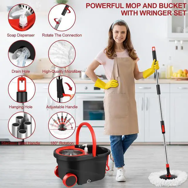 Alt view image 7 of 7 - Plus 61" Extended 360° Swivel Spin Mop and Bucket System with 3 Microfiber Mop Heads & Four Sections of Rod for Indoor & Outdoor, Portable Carrying Wheel Mop Floor Cleaning