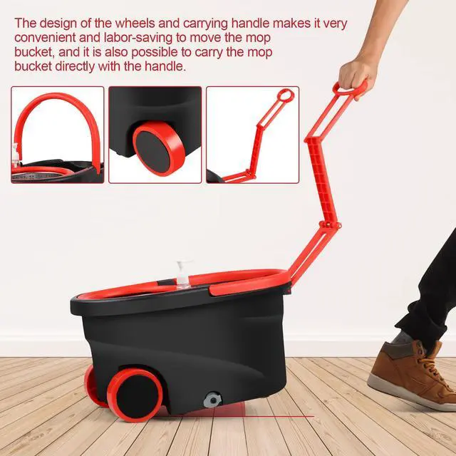 Alt view image 4 of 7 - Plus 61" Extended 360° Swivel Spin Mop and Bucket System with 3 Microfiber Mop Heads & Four Sections of Rod for Indoor & Outdoor, Portable Carrying Wheel Mop Floor Cleaning