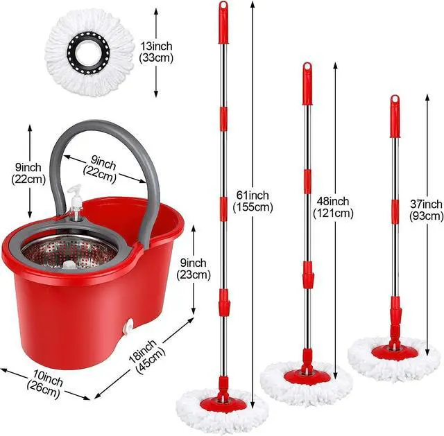 Alt view image 5 of 7 - BOP 360° Spin Mop and Bucket w/wringer Set +3 Microfiber Refills Floor Cleaning Regular, Stainless Steel,Red/Grey