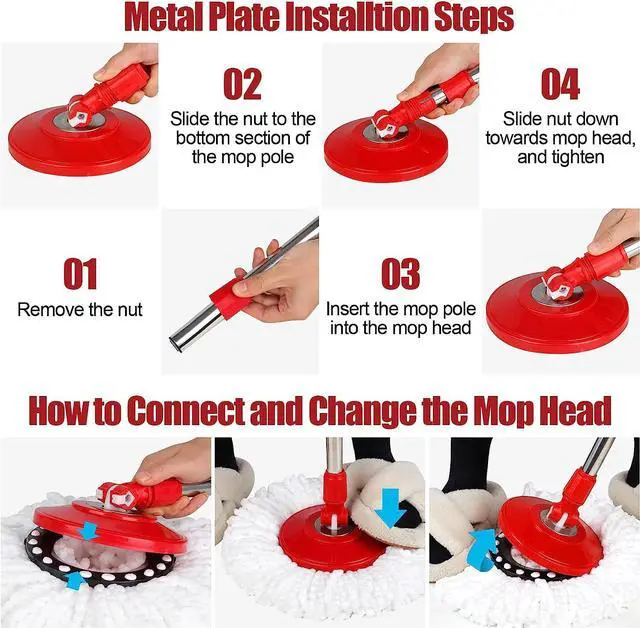 Alt view image 4 of 7 - BOP 360° Spin Mop and Bucket w/wringer Set +3 Microfiber Refills Floor Cleaning Regular, Stainless Steel,Red/Grey