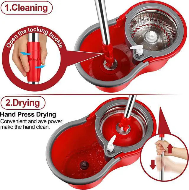 Alt view image 3 of 7 - BOP 360° Spin Mop and Bucket w/wringer Set +3 Microfiber Refills Floor Cleaning Regular, Stainless Steel,Red/Grey