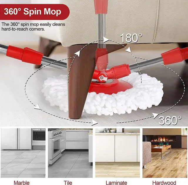 Alt view image 6 of 7 - BOP 360° Spin Mop and Bucket w/wringer Set +3 Microfiber Refills Floor Cleaning Regular, Stainless Steel,Red/Grey