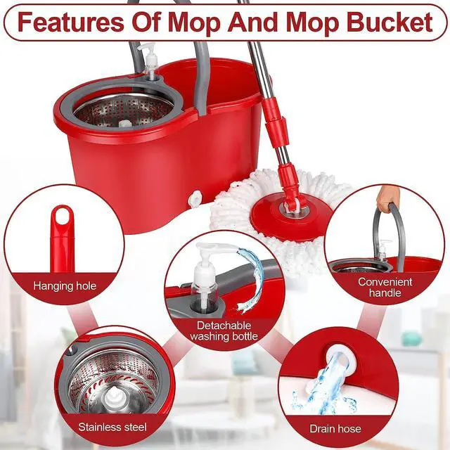 Alt view image 2 of 7 - BOP 360° Spin Mop and Bucket w/wringer Set +3 Microfiber Refills Floor Cleaning Regular, Stainless Steel,Red/Grey