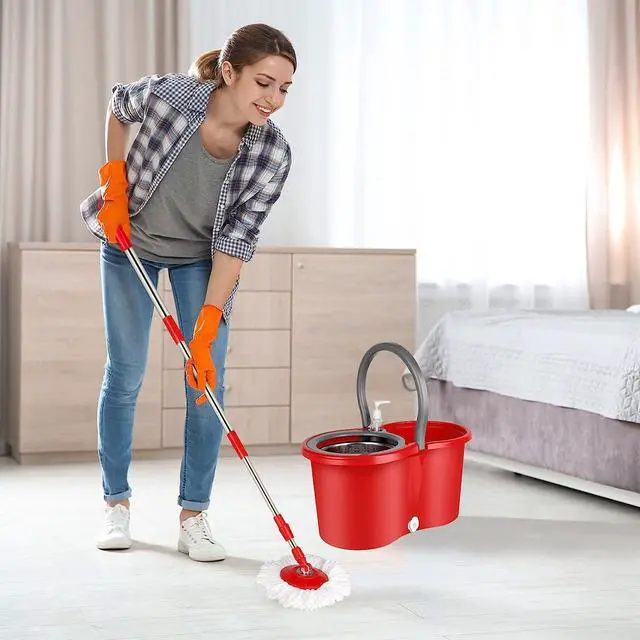 Alt view image 7 of 7 - BOP 360° Spin Mop and Bucket w/wringer Set +3 Microfiber Refills Floor Cleaning Regular, Stainless Steel,Red/Grey