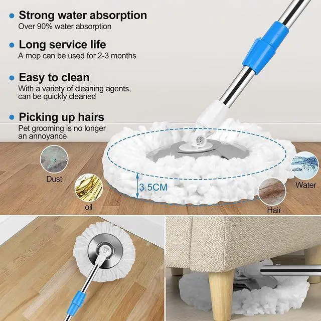 Alt view image 4 of 7 - BOP 360 Spinning Microfiber Spin Mop & Bucket Floor Cleaning System Stainless Steel Wringer Set Plus 3 Replacement Head Refills  for Home Cleaning - Blue