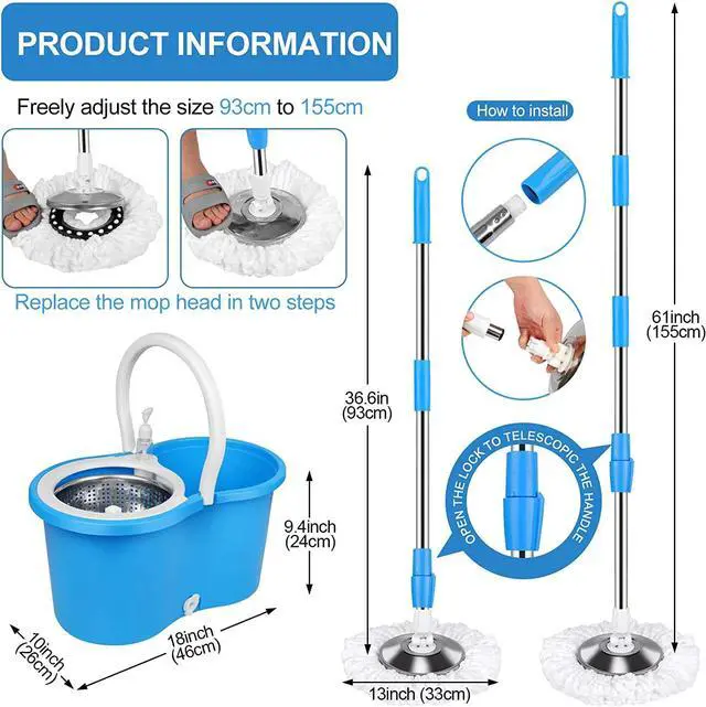Alt view image 5 of 7 - BOP 360 Spinning Microfiber Spin Mop & Bucket Floor Cleaning System Stainless Steel Wringer Set Plus 3 Replacement Head Refills  for Home Cleaning - Blue