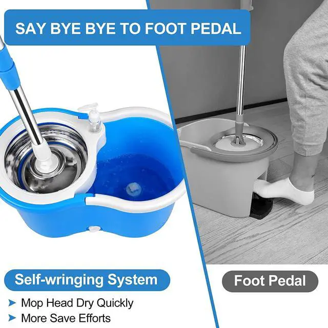Alt view image 6 of 7 - BOP 360 Spinning Microfiber Spin Mop & Bucket Floor Cleaning System Stainless Steel Wringer Set Plus 3 Replacement Head Refills  for Home Cleaning - Blue