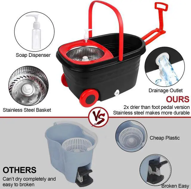 Alt view image 6 of 7 - BOP Mop and Bucket with Wringer Set, 360 Spin Mop and Bucket System, Spinning Bucket with Wheels for Easy Moving and 3 Microfiber Mop Heads Black+Red