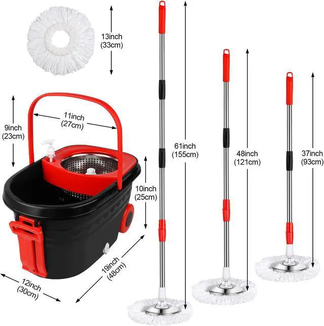 Alt view image 5 of 7 - BOP Mop and Bucket with Wringer Set, 360 Spin Mop and Bucket System, Spinning Bucket with Wheels for Easy Moving and 3 Microfiber Mop Heads Black+Red