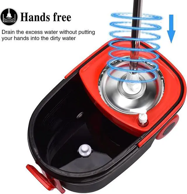 Alt view image 4 of 7 - BOP Mop and Bucket with Wringer Set, 360 Spin Mop and Bucket System, Spinning Bucket with Wheels for Easy Moving and 3 Microfiber Mop Heads Black+Red