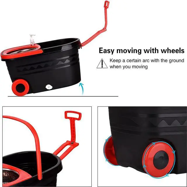 Alt view image 3 of 7 - BOP Mop and Bucket with Wringer Set, 360 Spin Mop and Bucket System, Spinning Bucket with Wheels for Easy Moving and 3 Microfiber Mop Heads Black+Red