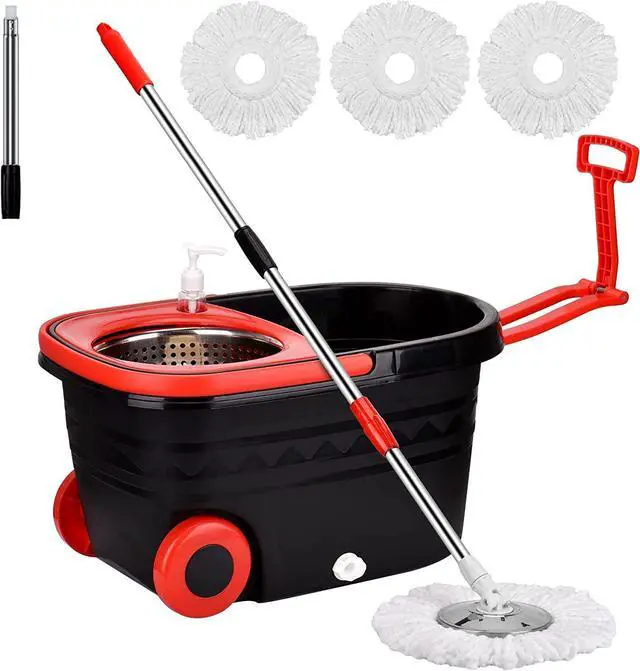 Alt view image 2 of 7 - BOP Mop and Bucket with Wringer Set, 360 Spin Mop and Bucket System, Spinning Bucket with Wheels for Easy Moving and 3 Microfiber Mop Heads Black+Red