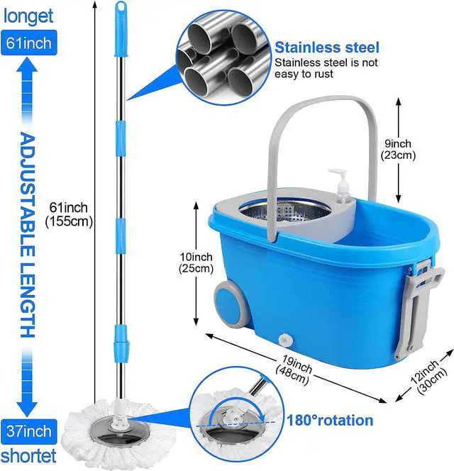 Alt view image 2 of 7 - BOP Mop Bucket with Wringer Set, Extended Stainless Steel Handle, 3 Microfiber Replacement Spin Mop Head Refills, 2 Wheels for Household Cleaning,Blue