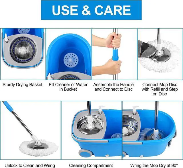 Alt view image 3 of 7 - BOP Mop Bucket with Wringer Set, Extended Stainless Steel Handle, 3 Microfiber Replacement Spin Mop Head Refills, 2 Wheels for Household Cleaning,Blue