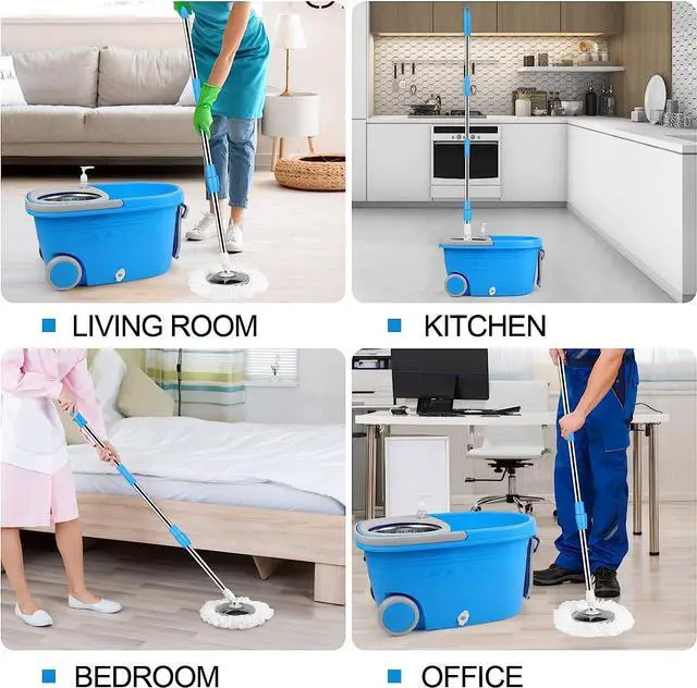 Alt view image 7 of 7 - BOP Mop Bucket with Wringer Set, Extended Stainless Steel Handle, 3 Microfiber Replacement Spin Mop Head Refills, 2 Wheels for Household Cleaning,Blue