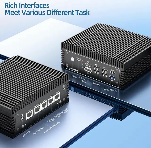 Alt view image 3 of 6 - N100 mini PC home Firewall Appliance, fanless mini pc,pfsense router,4 LAN compute,PoE IN, I225 2.5GbE,5G/4G SIM slot,1xRJ45 COM,1xUSB-C,5xUSB,HD+DP,12th Gen CPU mini pc,8GB DDR4,128GB SATA SSD