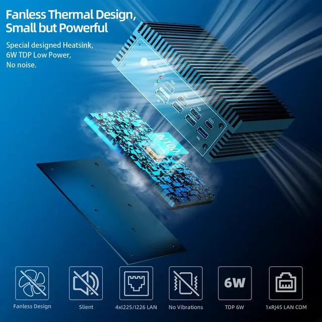 Alt view image 5 of 6 - N100 mini PC home Firewall Appliance, fanless mini pc,pfsense router,4 LAN compute,PoE IN, I225 2.5GbE,5G/4G SIM slot,1xRJ45 COM,1xUSB-C,5xUSB,HD+DP,12th Gen CPU mini pc,8GB DDR4,128GB SATA SSD