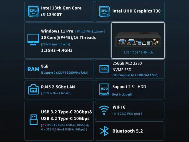 Alt view image 2 of 6 - NEOSMAY i5 Tower Computer Desktop PC Intel 13th Gen Core i5-13400T up to 4.4 GHz TDP 35W, 8GB Dual Channel DDR4 RAM 256GB NVME SSD Mini PC with Type C, Quad Display Support 4K,8*USB,2.5Gbe i226 LAN
