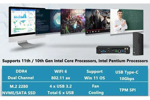 Alt view image 5 of 7 - NEOSMAY Mini Computer Core i5-11400T CPU(upto 3.7GHz),8GB DDR4 RAM 256GB NVME SSD,Gaming/Home/Office/Business,WiFi 6 Bluetooth 5.2 Support Auto Power On,4K Triple Display,VESA mounts