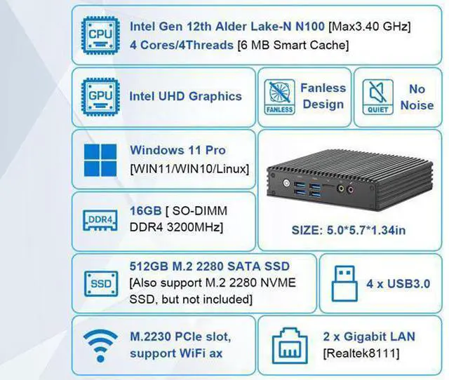 Alt view image 7 of 7 - NEOSMAY Fanless Mini PC Desktop Tower Computer Pfsense Firewall Router Micro Appliance,for Intel 12th N100 Dual Gigabit Ethernet,16GB DDR4 RAM 512GB SATA SSD,Dual Display HD&DP, COM232, 4*USB3.0