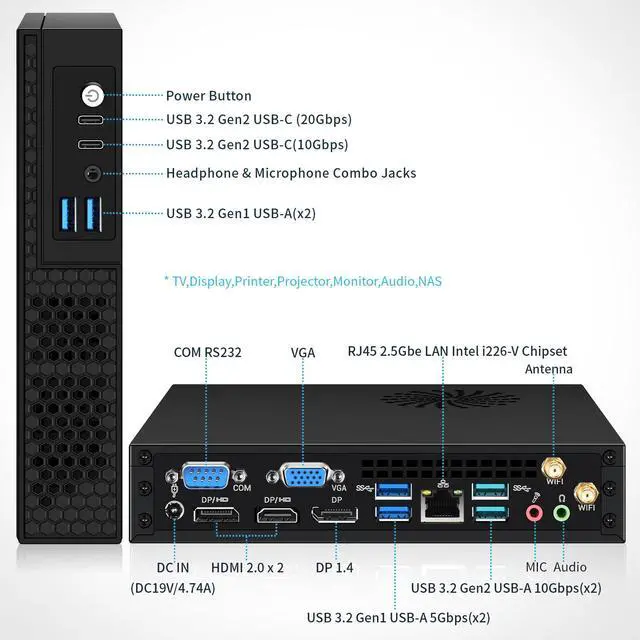 Alt view image 2 of 6 - NEOSMAY Desktop Computer Tower for Intel 13th Gen Core i5-13400T up to 4.4 GHz, 32GB Dual DDR4 RAM 512GB NVME SSD 1TB 2.5'' HDD Mini PC,Quad 2*HD+DP+VGA 4K Display,2X Type C,8X USB,2.5Gbe i226 LAN