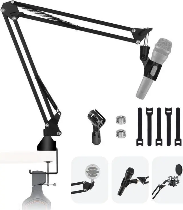 Main image of Microphone Arm Stand, Mic Scissor Arm Adjustable Suspension Boom with Mic Clip and 5 Velcro Cable Ties, Heavy Duty Stand for Blue Yeti/QuadCast/Logitech Webcam/ Recording/ Gaming/ Streaming/ Karaoke
