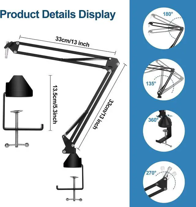 Alt view image 5 of 7 - Microphone Arm Stand, Mic Scissor Arm Adjustable Suspension Boom with Mic Clip and 5 Velcro Cable Ties, Heavy Duty Stand for Blue Yeti/QuadCast/Logitech Webcam/ Recording/ Gaming/ Streaming/ Karaoke