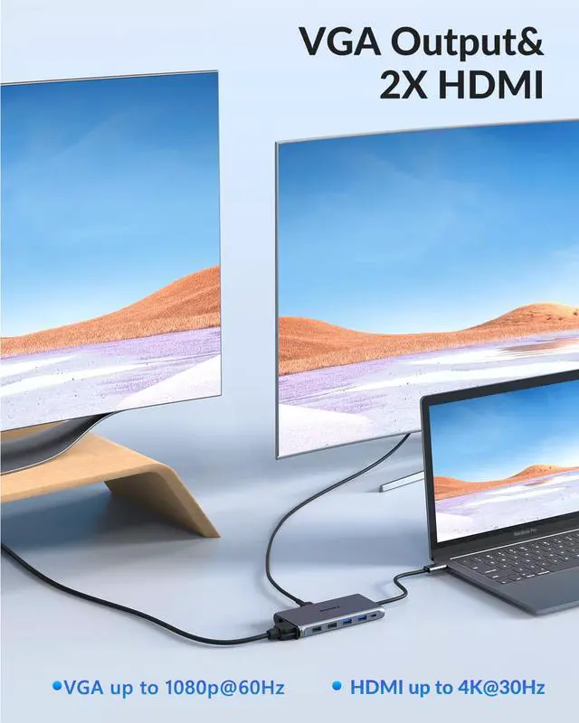 Alt view image 2 of 7 - USB C Docking Station, MAVINEX Triple Display USB C Hub with Dual 4K HDMI & 1080P VGA, 100W Power Delivery, 1Gbps Ethernet, USB-C and 4 USB-A Data Ports, SD TF Card Reader, for MacBook and Windows