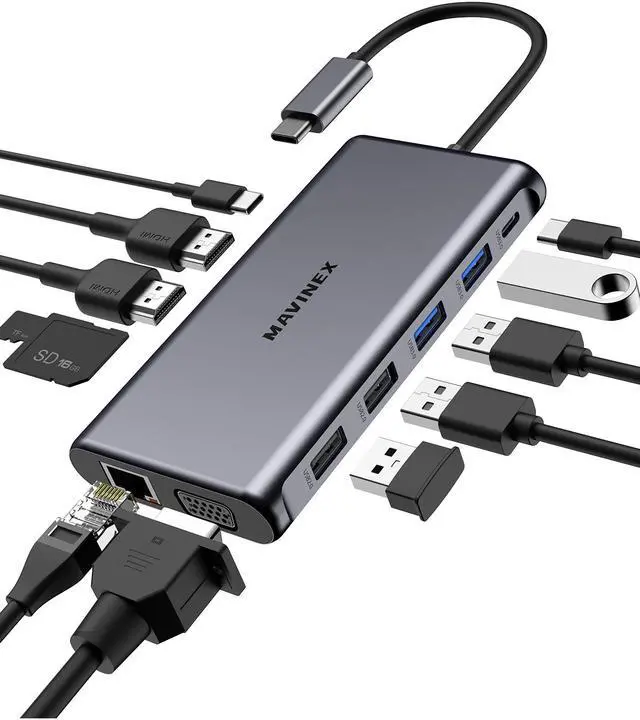 Main image of USB C Docking Station, MAVINEX Triple Display USB C Hub with Dual 4K HDMI & 1080P VGA, 100W Power Delivery, 1Gbps Ethernet, USB-C and 4 USB-A Data Ports, SD TF Card Reader, for MacBook and Windows
