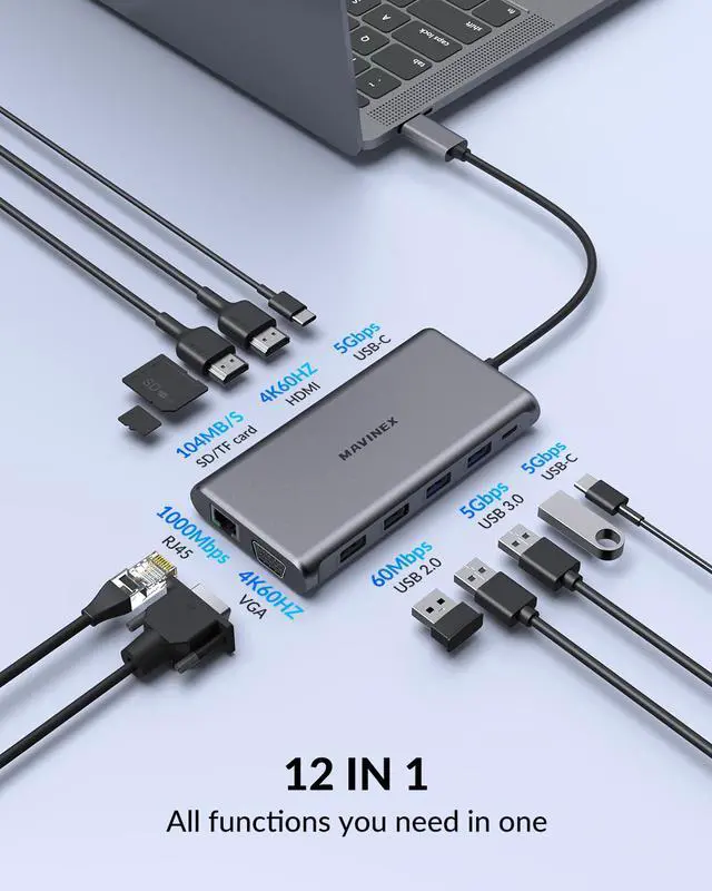 Alt view image 7 of 7 - USB C Docking Station, MAVINEX Triple Display USB C Hub with Dual 4K HDMI & 1080P VGA, 100W Power Delivery, 1Gbps Ethernet, USB-C and 4 USB-A Data Ports, SD TF Card Reader, for MacBook and Windows