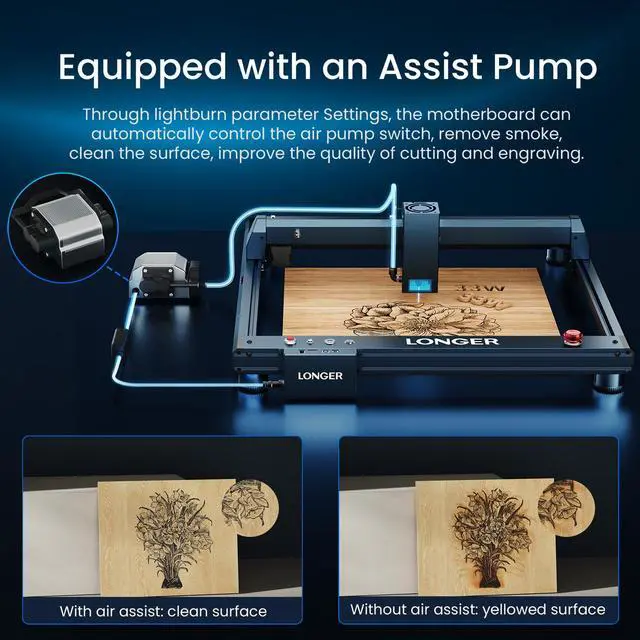 Alt view image 5 of 7 - Longer Laser B1 Engraving Machine, 150W DIY Precision Laser Cutter, 24W Laser Engraver with Air Assist, High Speed 36,000mm/min, Capable of Precise Cutting on Wood, Metal, Acrylic, Stainless Steel