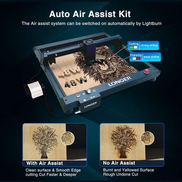 Alt view image 3 of 7 - Longer Laser B1 Laser Engraving Tool with Automated Air Assist, 48W Laser Cutting Power and a Machine Power of 200W, Home DIY Laser Carver for Wood, Metal, Paper, Acrylic, Glass, Leather, 18'' x 17''