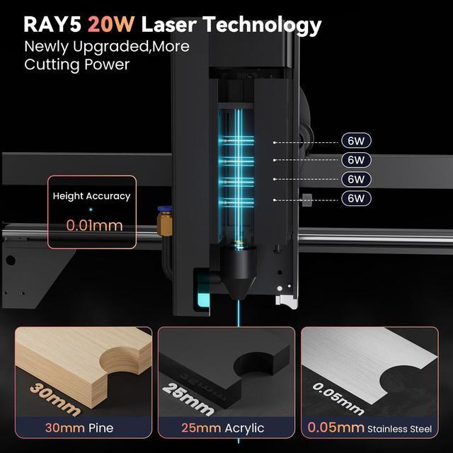 Alt view image 2 of 7 - Longer RAY5 Laser Engraver 130W, Higher Accuracy Laser Engraver 20W Output Power, 3.5"Touch Screen APP Offline Control, DIY Engraver Tool for Metal/Glass/Wood, Cutting Area 14.7"x14.7"