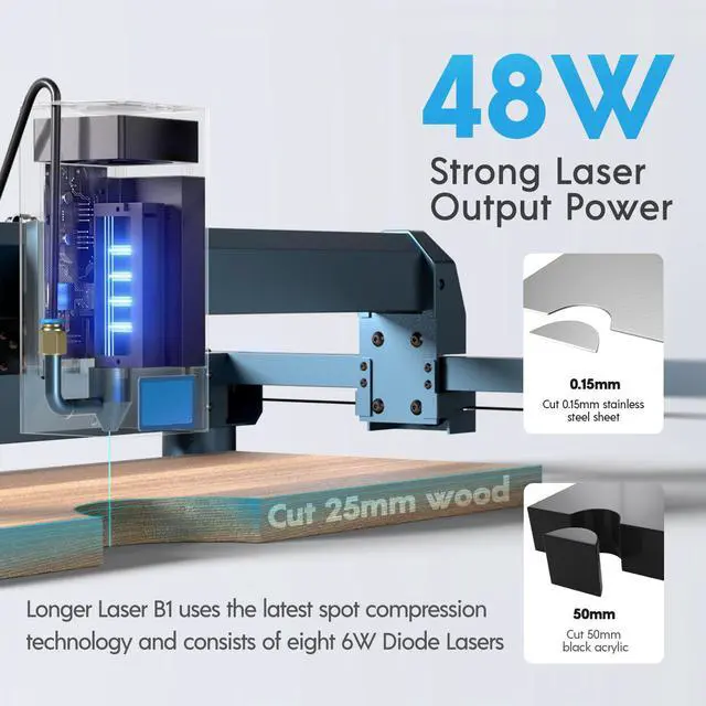 Alt view image 2 of 7 - Longer Laser B1 Engraver, 48W Laser Engraver Machine with Air Assist, 200W DIY Precisely Laser Cutting Machine, High-Speed 36000mm/min, Home DIY Laser Carver for Wood, Metal, Paper, Acrylic, Glass
